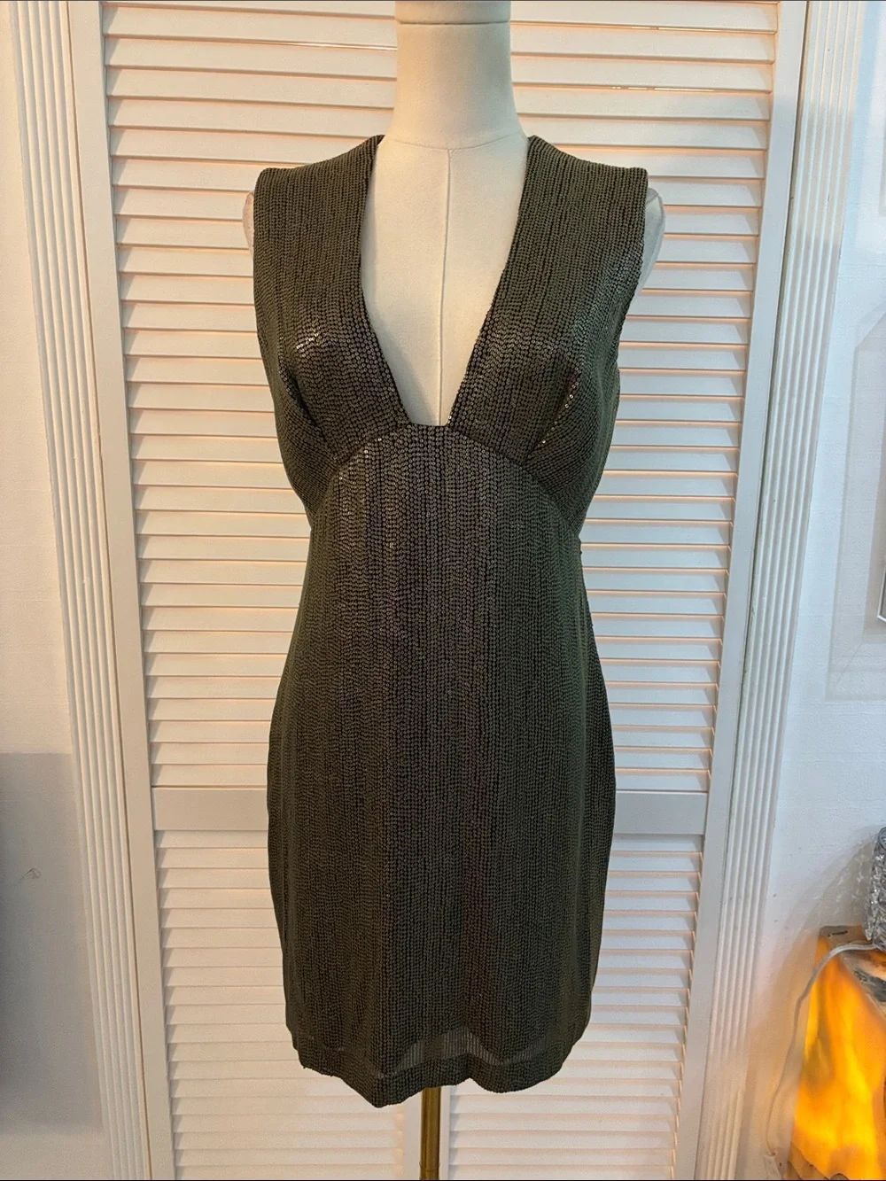 Mayda Cisneros V-Neck sequin Mini Dress in Olive, US6